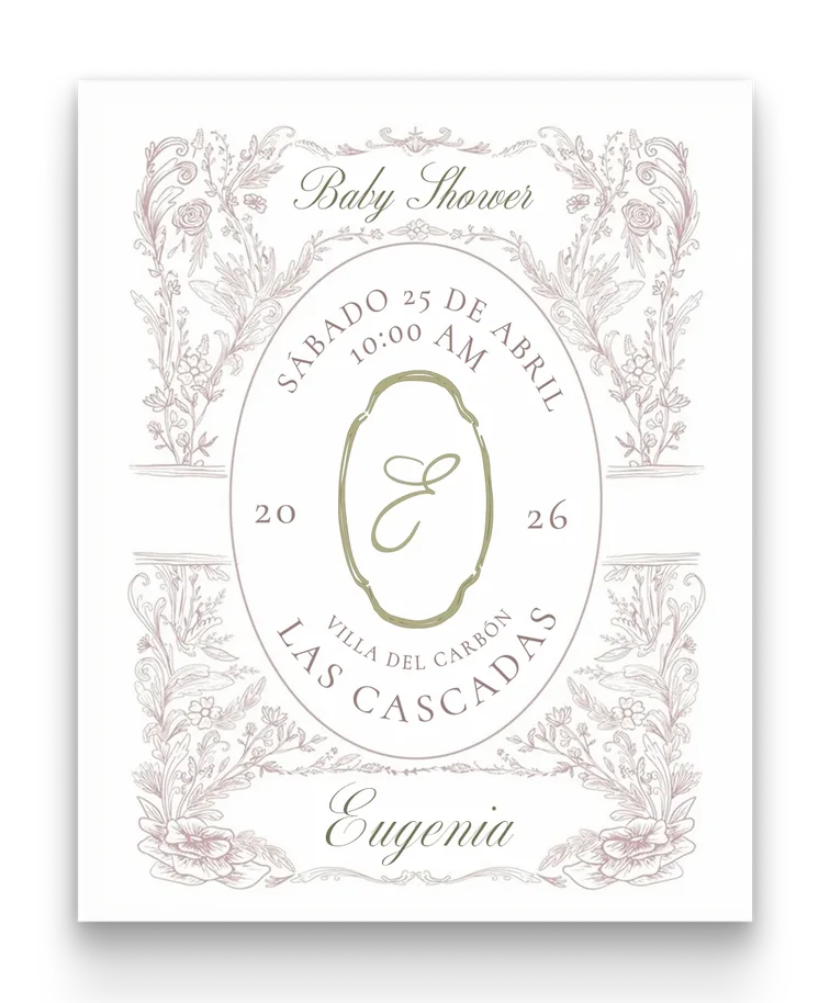 Invitación al baby shower de Eugenia: sábado 25 de abril, 10:00 am, Las Cascadas, Villa del Carbón