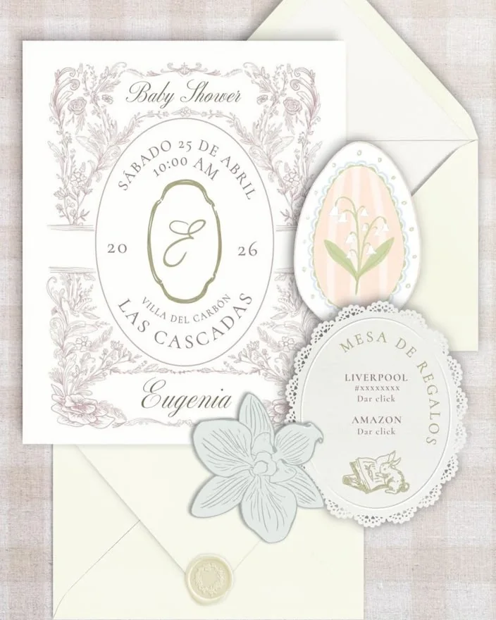 Invitación digital de baby shower: tarjeta con marco floral, sobre con sello de cera, un huevo decorado y la mesa de regalos