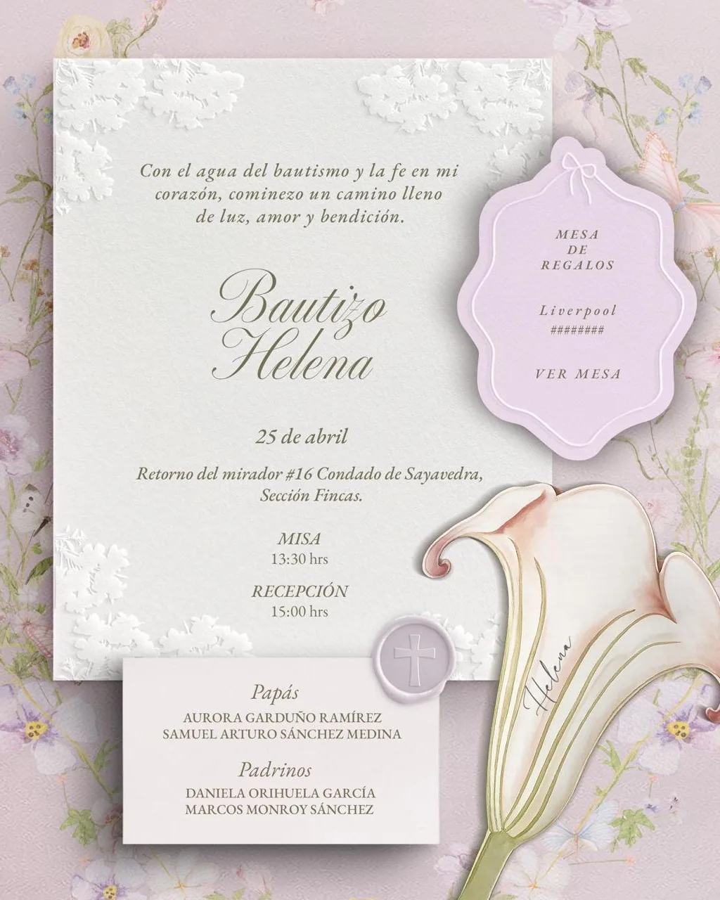 Invitación digital de bautizo: tarjeta con relieve floral, etiqueta de mesa de regalos y una cala en acuarela