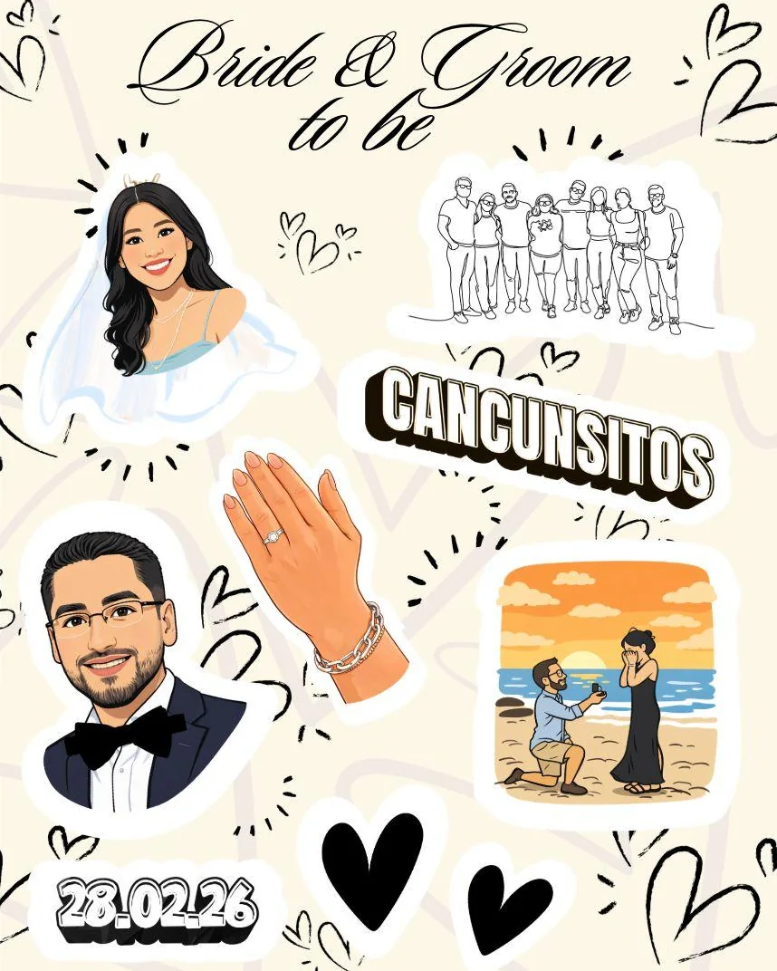 Plantilla de stickers con caricaturas de una pareja de novios